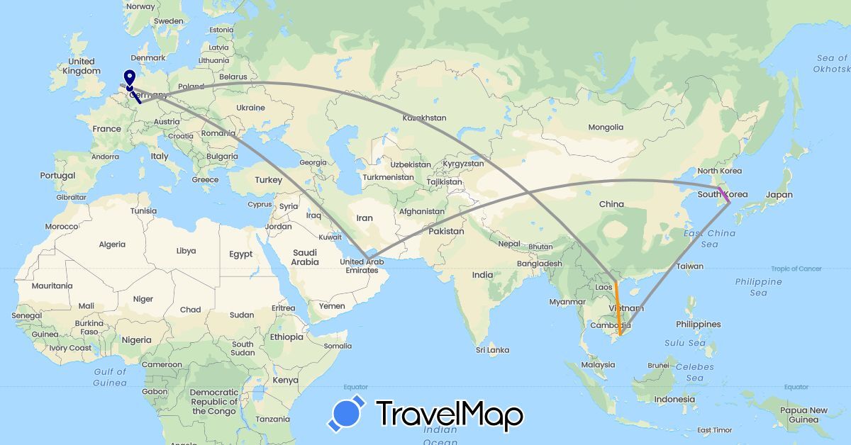 TravelMap itinerary: driving, plane, train, hitchhiking in United Arab Emirates, Germany, South Korea, Netherlands, Vietnam (Asia, Europe)